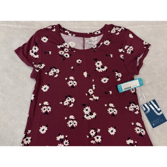 MARKET & SPRUCE Floral Pocket T Shirt Dress Ladies Medium Burgundy Alison Knit - Picture 2 of 6